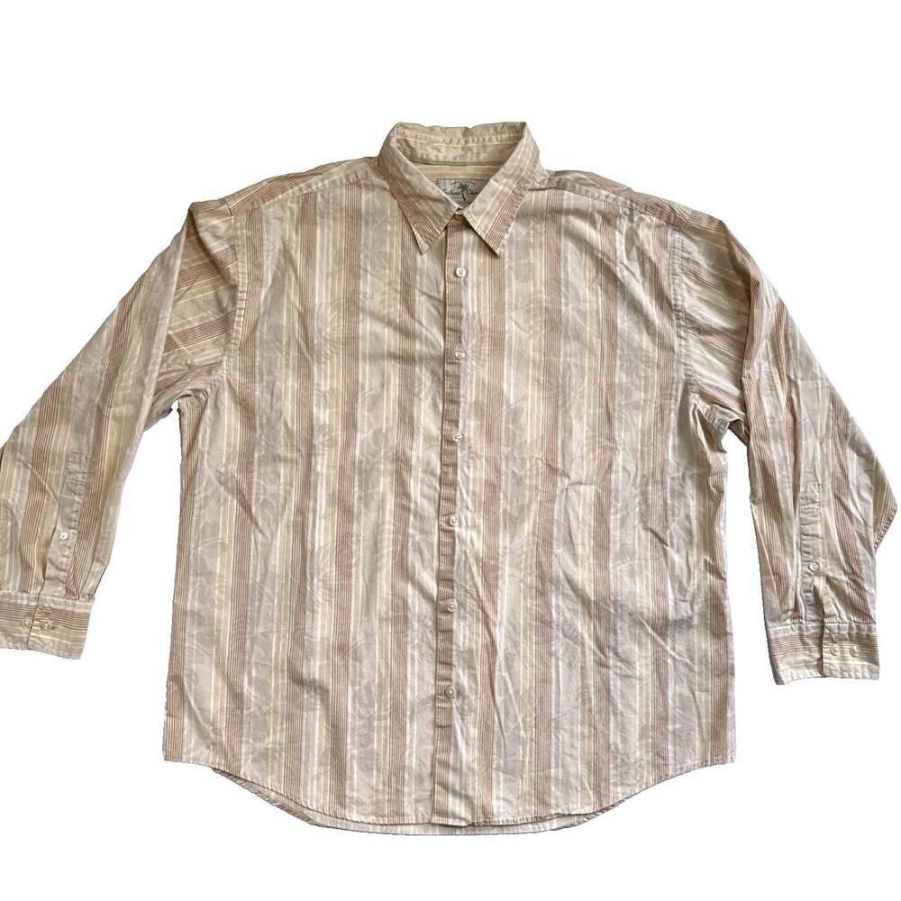 Island Shores Mens XL Long Sleeve Button Down Shirt Tan Stripe Tropical